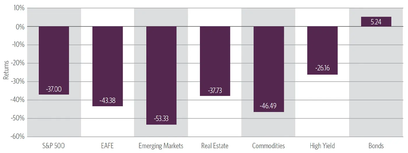 Bar chart showing 2008 asset-class returns, with most major asset classes posting large losses while bonds delivered modest gains.