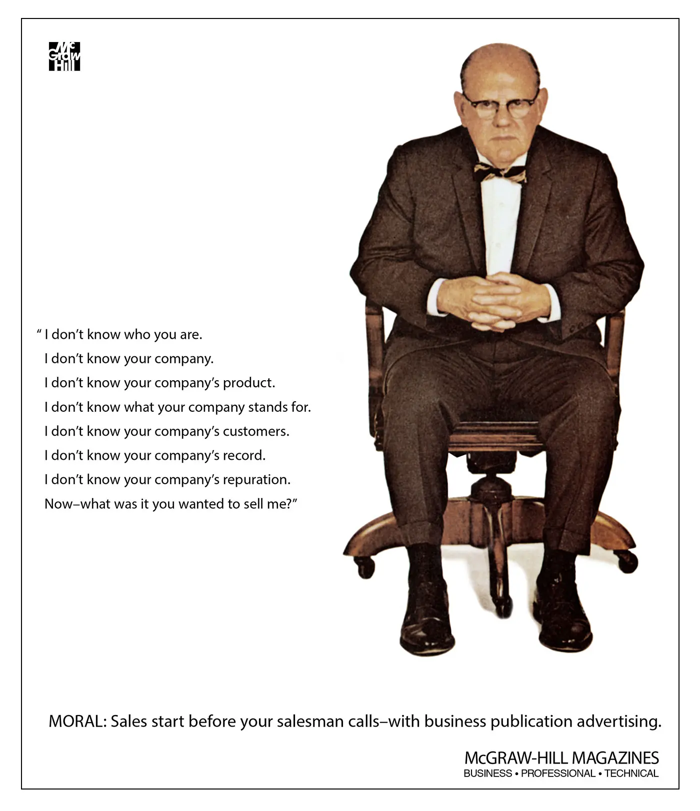 Vintage McGraw-Hill magazine advertisement showing a stern businessman seated in a chair alongside text about credibility and first impressions in sales.