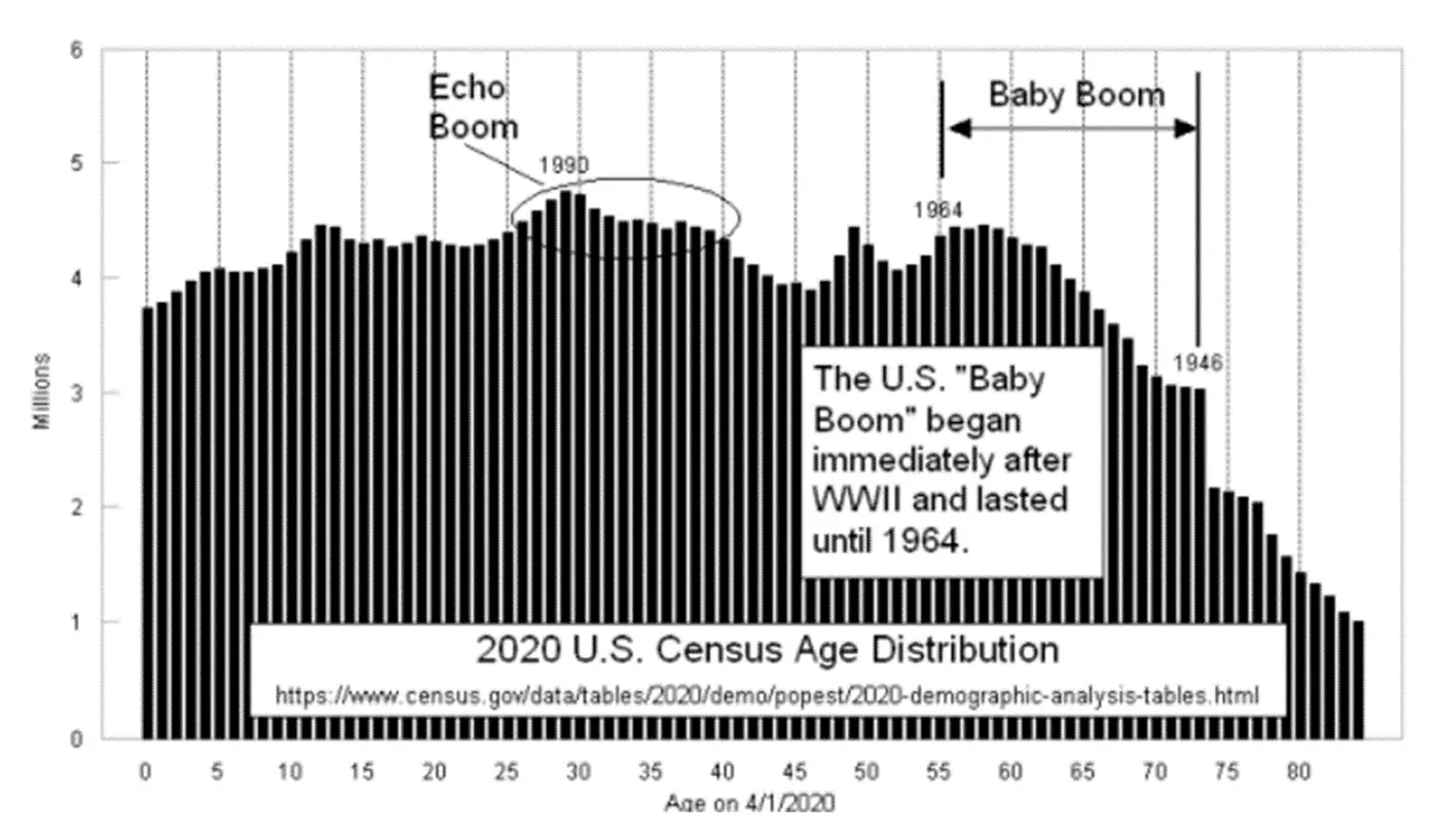 2020 U.S. Census age distribution chart showing the baby boom generation and echo boom birth cohorts.