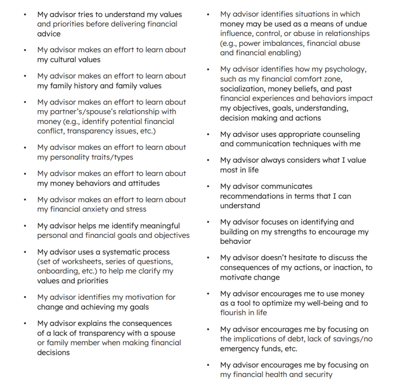 List of financial psychology actions advisors can take, including understanding client values, money behaviors, financial anxiety, family history, goals, and communication needs.